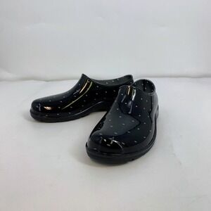 Womens Black Polka Dot Slip On Garden Clogs Waterproof Rain Shoes